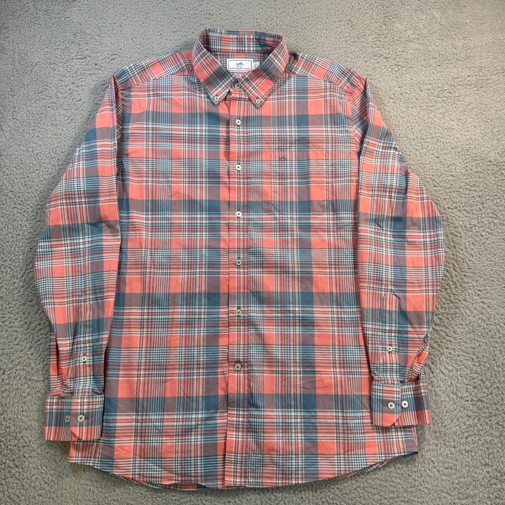 Southern Tide Coastal Passage Mens Large Plaid Button Down Shirt Salmon Blue L